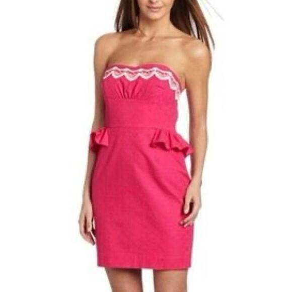 LILLY PULITZER Maybell Bustier Mini Dress‎ Size 2 Pink Strapless Peplum Resort - Picture 1 of 13
